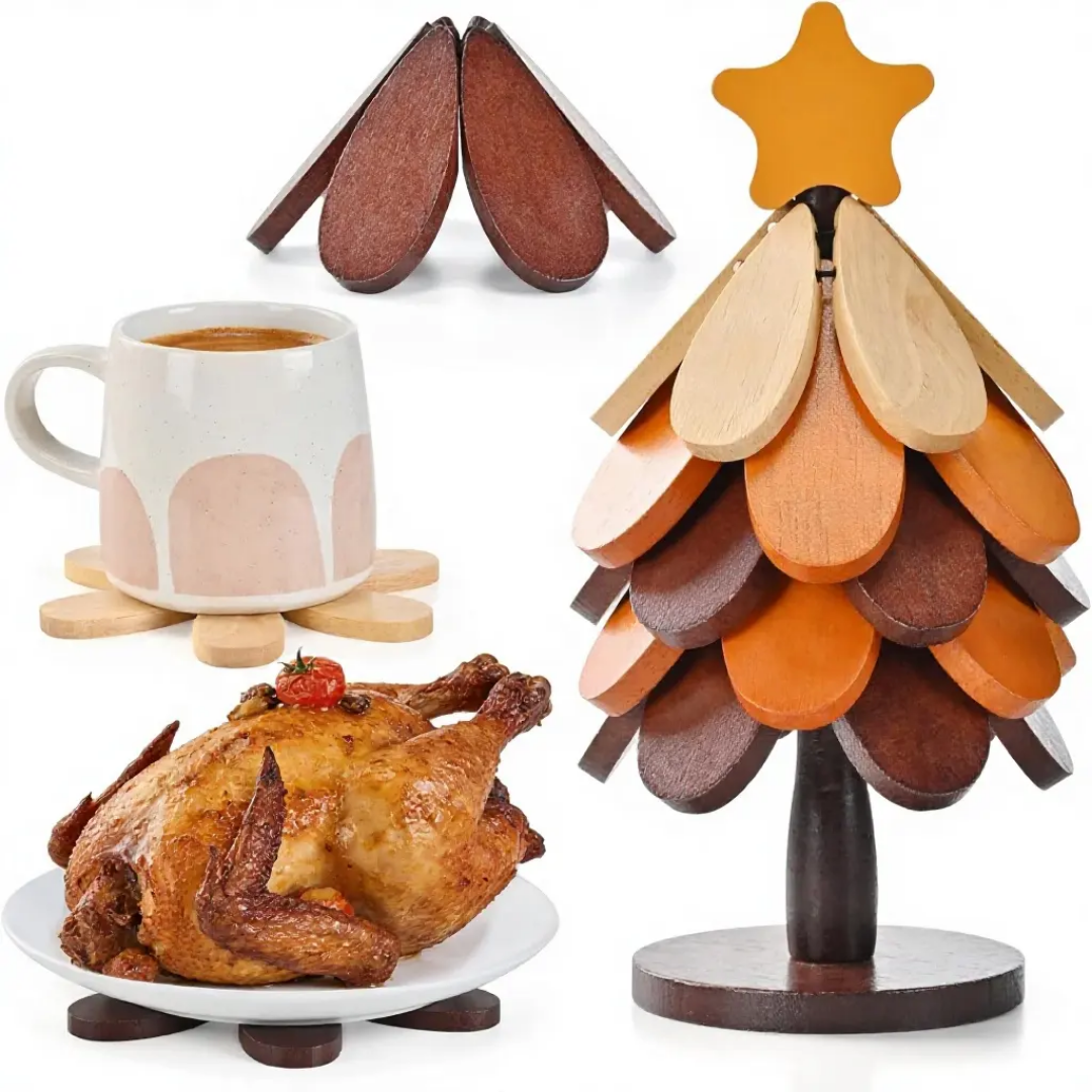 Foldable Camping Coaster Tree Designed Wooden Heat Mat Tree Art Decor for Hikers & Picnics
