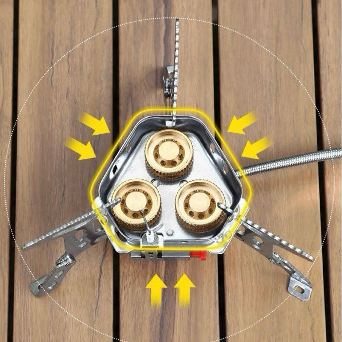 Camping Stove 12800 Watt Super 3 Burner Stove Palm Size Boil Water in 1 Minute Unified Cooking Pure Copper Head Wind Proof Fierce Pocket Stove Automatic Free Gas + Free Extra Connector + Free Storage Box