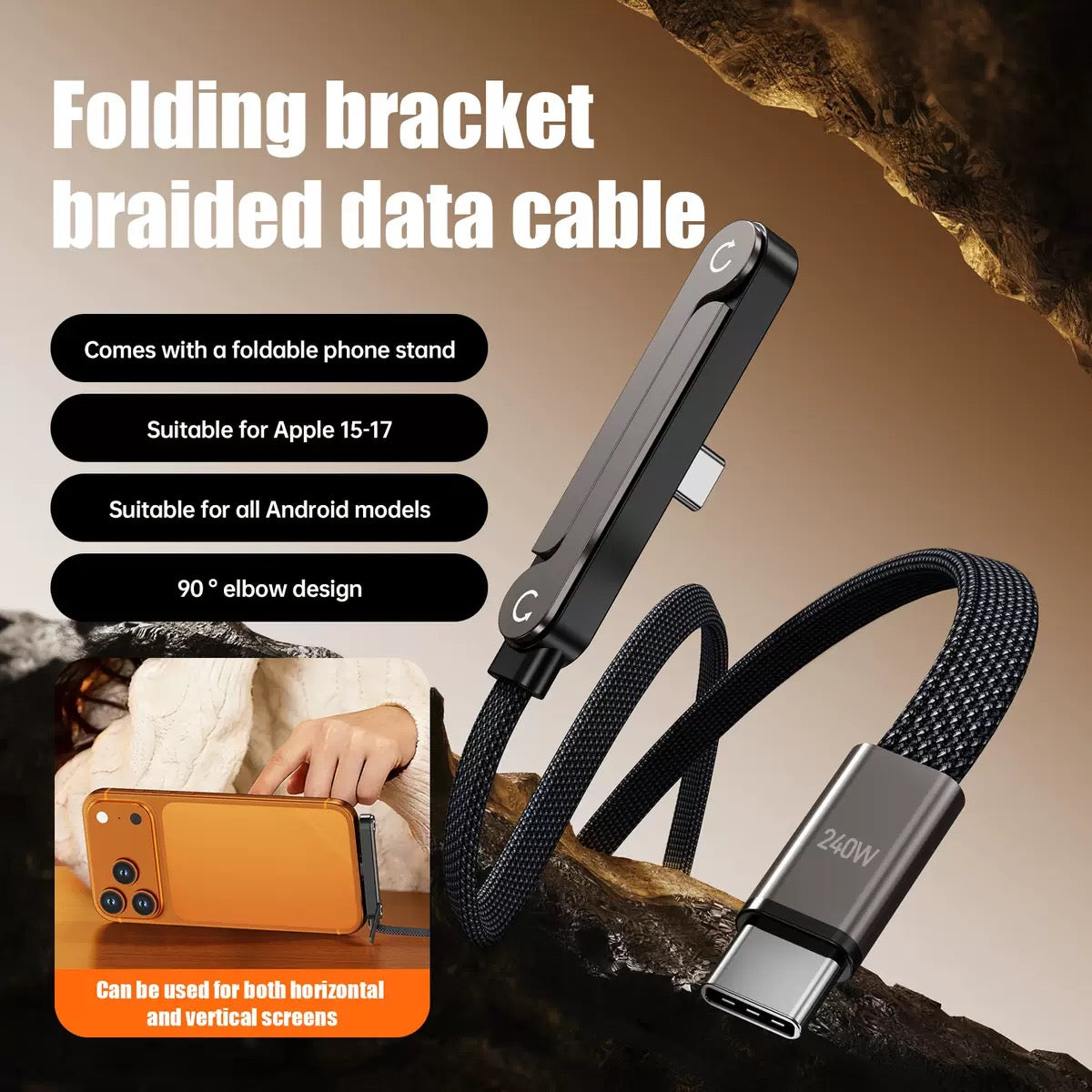 Game Stand Data Cable 240W | 2-in-1 Fast Charging Type-C with Mobile Stand