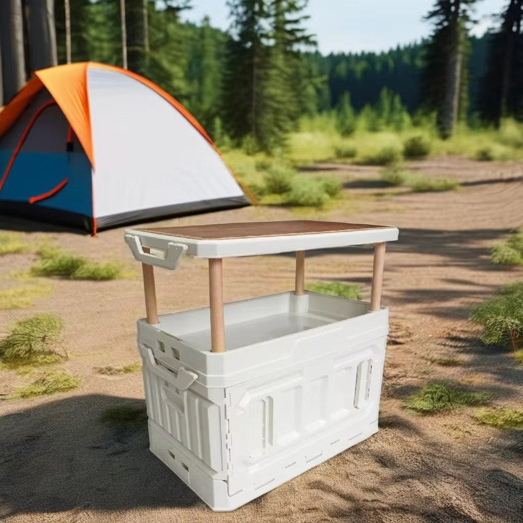 Indoor/Outdoor Durable Folding Storage Box Portable Multifunctional with Wooden Lid For Standard Look Perfect Storage Box For Camping and Picnic Accessories