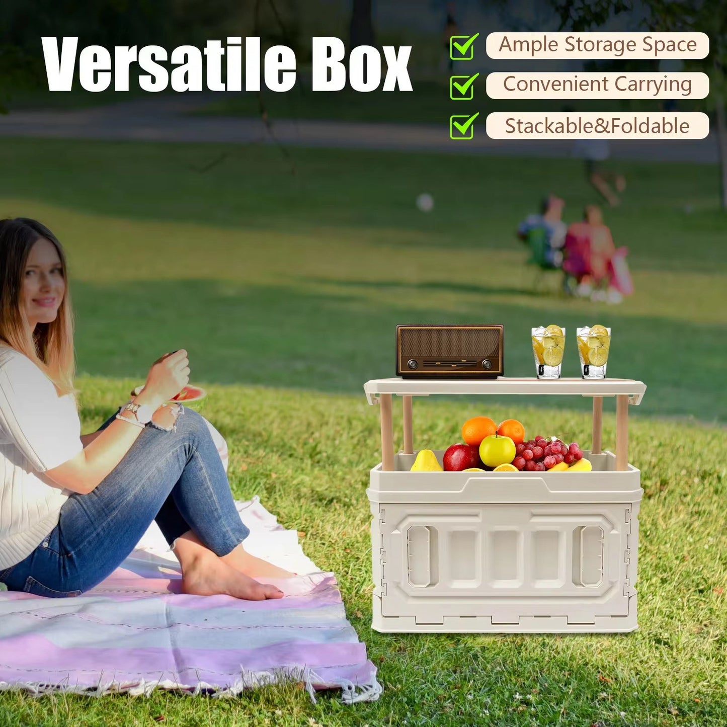 Indoor/Outdoor Durable Folding Storage Box Portable Multifunctional with Wooden Lid For Standard Look Perfect Storage Box For Camping and Picnic Accessories