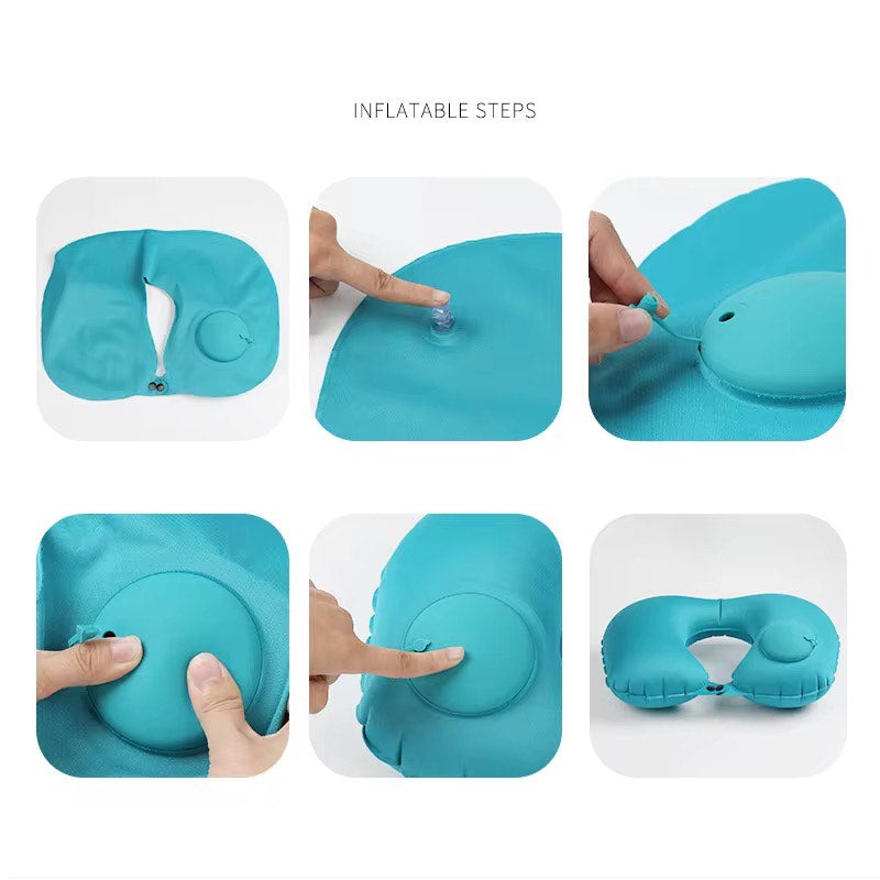 U-Shaped Compact Inflatable Travel Pillow Portable Waterproof Flocked Fabric Air Pillow For Head ,Neck/Lumbar Support