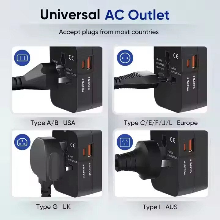 Universal Worldwide Travel Adapter with USB + Type C 180 Countries All-in-One Worldwide Wall Charger with AC Power Plug Adapter For USA EU UK AUS JP Kr Arab Worldwide Premium Multi pug