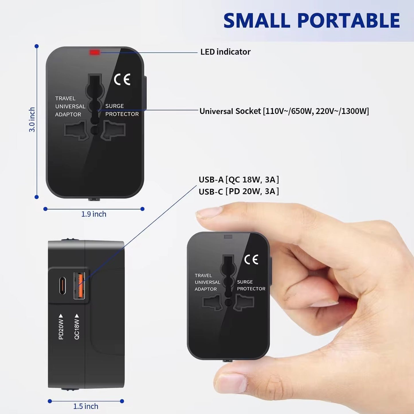 Universal Worldwide Travel Adapter with USB + Type C 180 Countries All-in-One Worldwide Wall Charger with AC Power Plug Adapter For USA EU UK AUS JP Kr Arab Worldwide Premium Multi pug