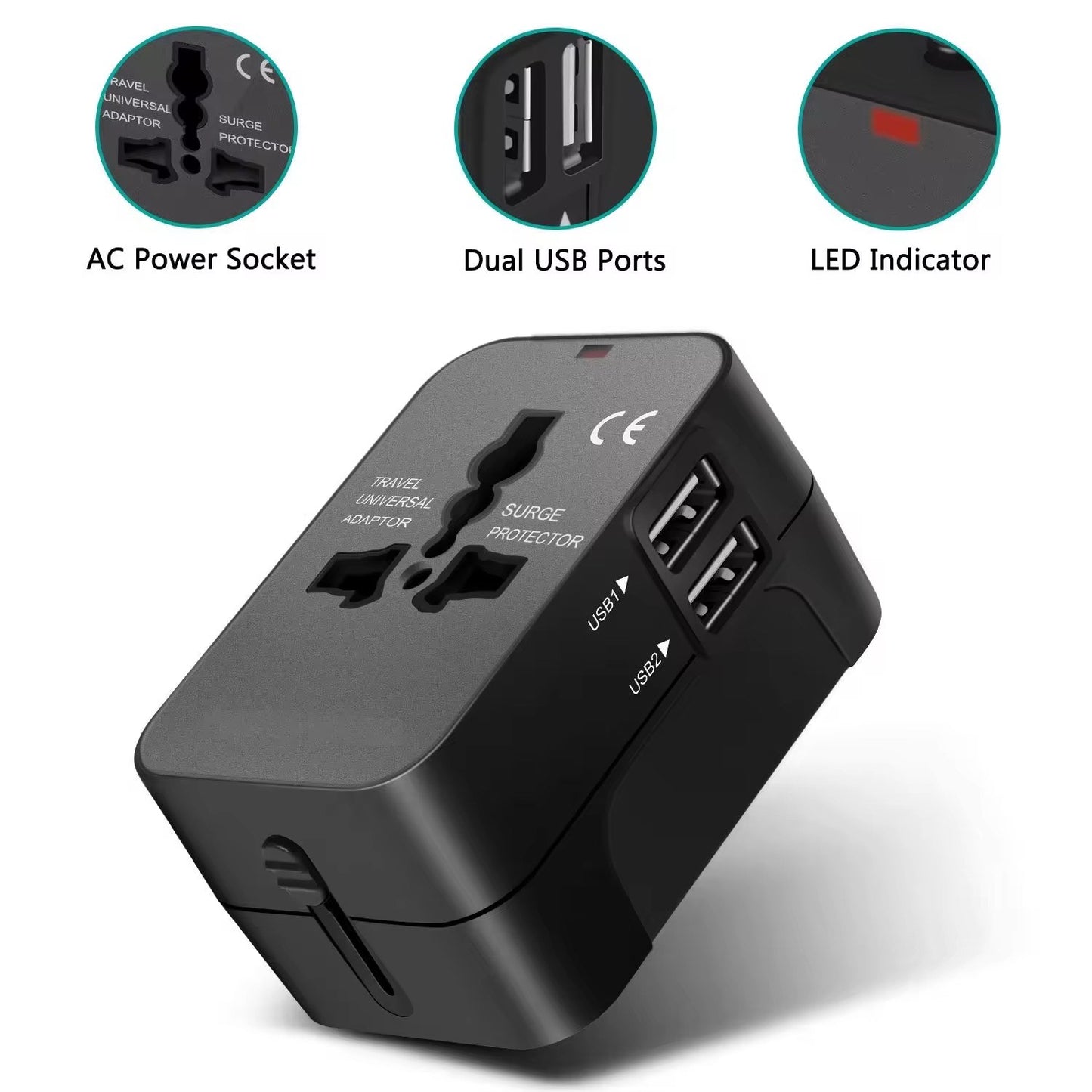 Universal Worldwide Travel Adapter with USB + Type C 180 Countries All-in-One Worldwide Wall Charger with AC Power Plug Adapter For USA EU UK AUS JP Kr Arab Worldwide Premium Multi pug