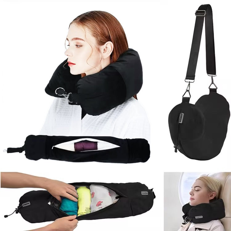	Travel hack neck pillow with hidden zipper – stuffable travel pillow that saves 2-3 kg luggage weight, ergonomic neck support