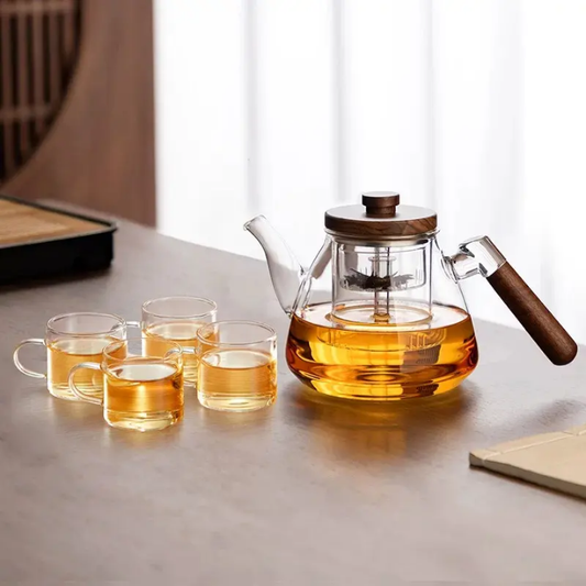 Japanese Style Glass Tea Pot fire or microwave both compatible filter  Luxury Design Eco Friendly Portable Wood Handle Glass Teapot for Direct Heated Water Separation for Cooking Brewing Tea Coffee Perfect For Camping Trekking Picnic
