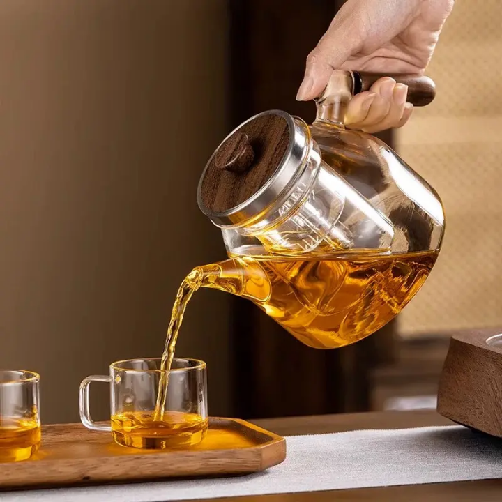 Japanese Style Glass Tea Pot fire or microwave both compatible filter  Luxury Design Eco Friendly Portable Wood Handle Glass Teapot for Direct Heated Water Separation for Cooking Brewing Tea Coffee Perfect For Camping Trekking Picnic