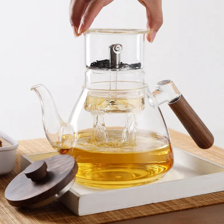 Japanese Style Glass Tea Pot fire or microwave both compatible filter  Luxury Design Eco Friendly Portable Wood Handle Glass Teapot for Direct Heated Water Separation for Cooking Brewing Tea Coffee Perfect For Camping Trekking Picnic