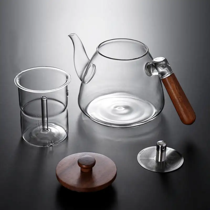 Japanese Style Glass Tea Pot fire or microwave both compatible filter  Luxury Design Eco Friendly Portable Wood Handle Glass Teapot for Direct Heated Water Separation for Cooking Brewing Tea Coffee Perfect For Camping Trekking Picnic
