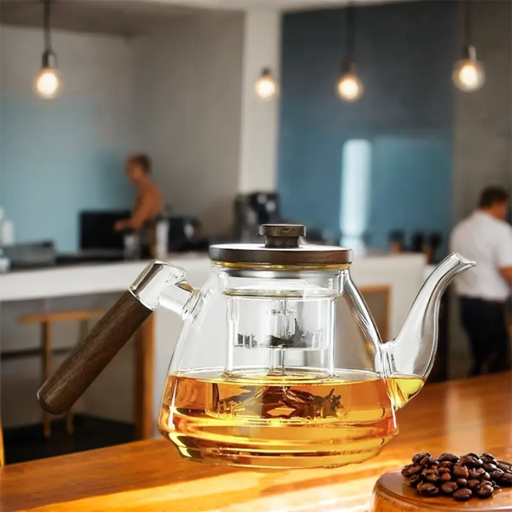 Japanese Style Glass Tea Pot fire or microwave both compatible filter  Luxury Design Eco Friendly Portable Wood Handle Glass Teapot for Direct Heated Water Separation for Cooking Brewing Tea Coffee Perfect For Camping Trekking Picnic