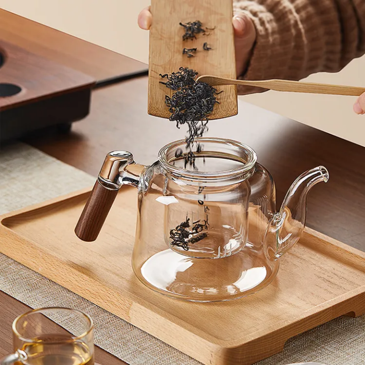 Japanese Style Glass Tea Pot fire or microwave both compatible filter  Luxury Design Eco Friendly Portable Wood Handle Glass Teapot for Direct Heated Water Separation for Cooking Brewing Tea Coffee Perfect For Camping Trekking Picnic