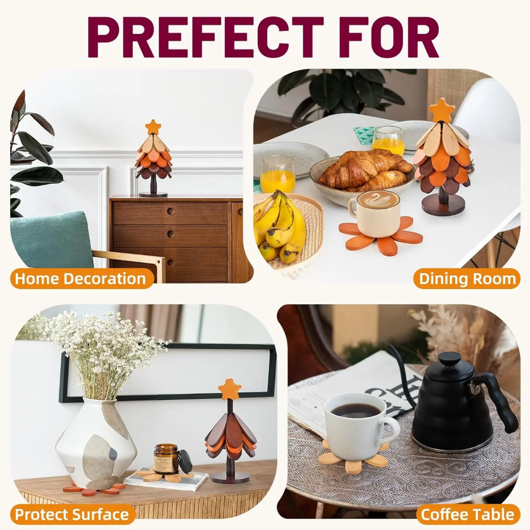 Foldable Camping Coaster Tree Designed Wooden Heat Mat Tree Art Decor for Hikers & Picnics