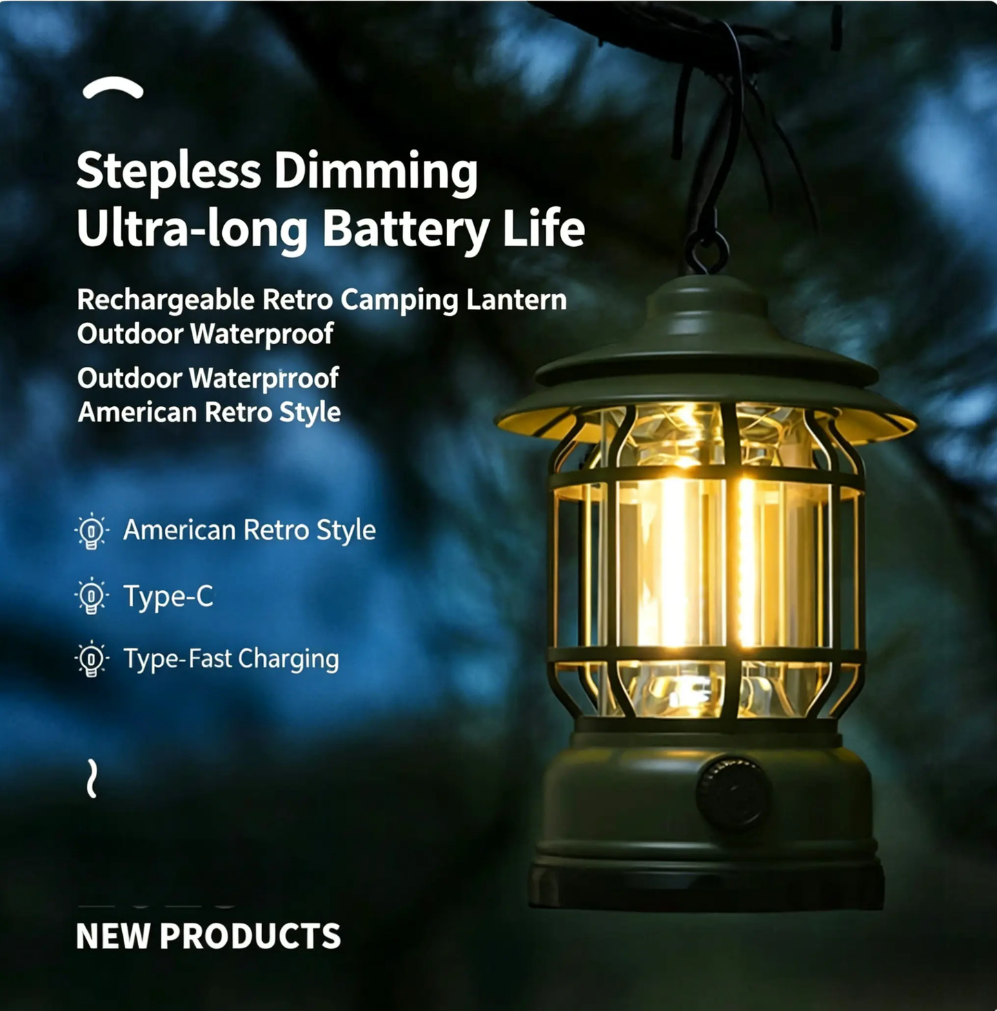 Camping Lamp Lantern Stand Dimming Portable Rechargeable Bright Vintage Outdoor Long Endurance Tent Lamp