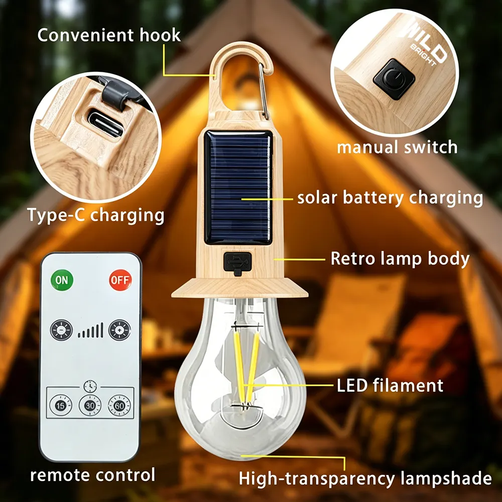 Solar Camping Light Remote Control USB Type-C Charging Tungsten Filament Atmosphere Rechargeable Hooked Lamp