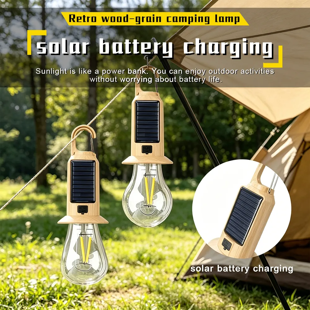 Solar Camping Light Remote Control USB Type-C Charging Tungsten Filament Atmosphere Rechargeable Hooked Lamp