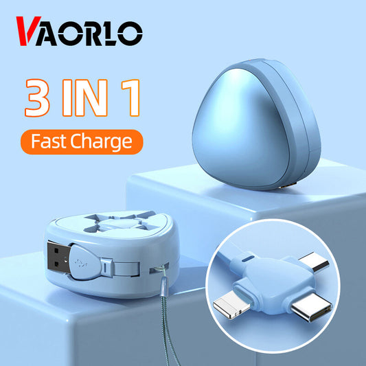 3 in 1 Travel Cable Retractable Charging Cable USB Fast Charge Cable With Phone Holder Stand 6A Type C Data Charger Cord Micro USB /Type C/Lightning Cables Camping Trekking Travel Accessories all in one