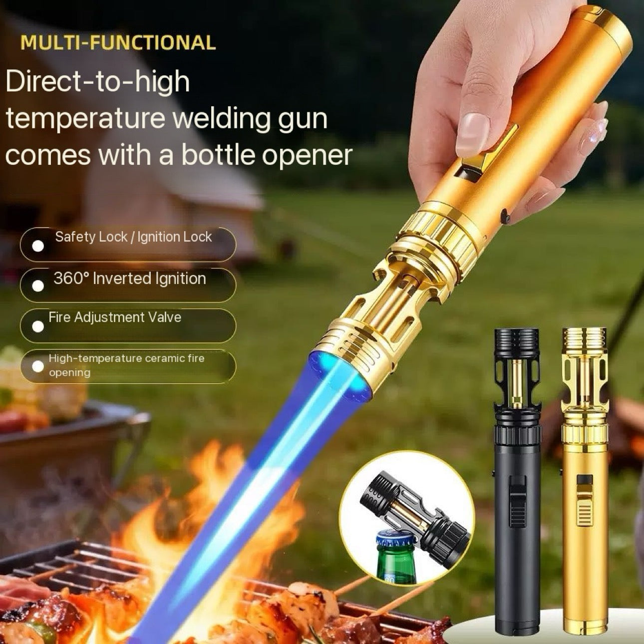 Camping BBQ Campfire Fire Starter Metal Lighter - Adjustable - Turbo Flame Windproof - Refillable Butane Jet Lighter for Survival Home Travel Outdoor Adventure Must have