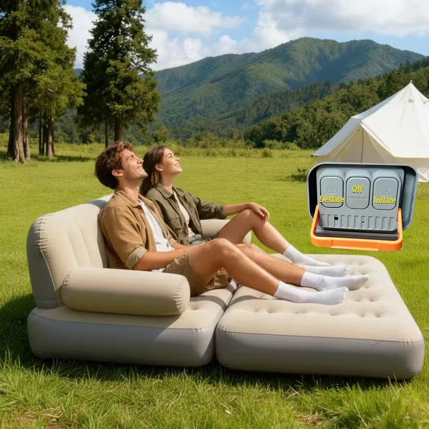 2 in 1 Auto inflatable Air Bed Sofa Mattress Single Bed 200X90 CM Camping Bed 1 Minutes Sofa to Bed Luxury While Camping With High Power Inbuilt pump with camping Light Home Instant Guest Bed Roof Top Outdoor Relaxing Sofa Bed