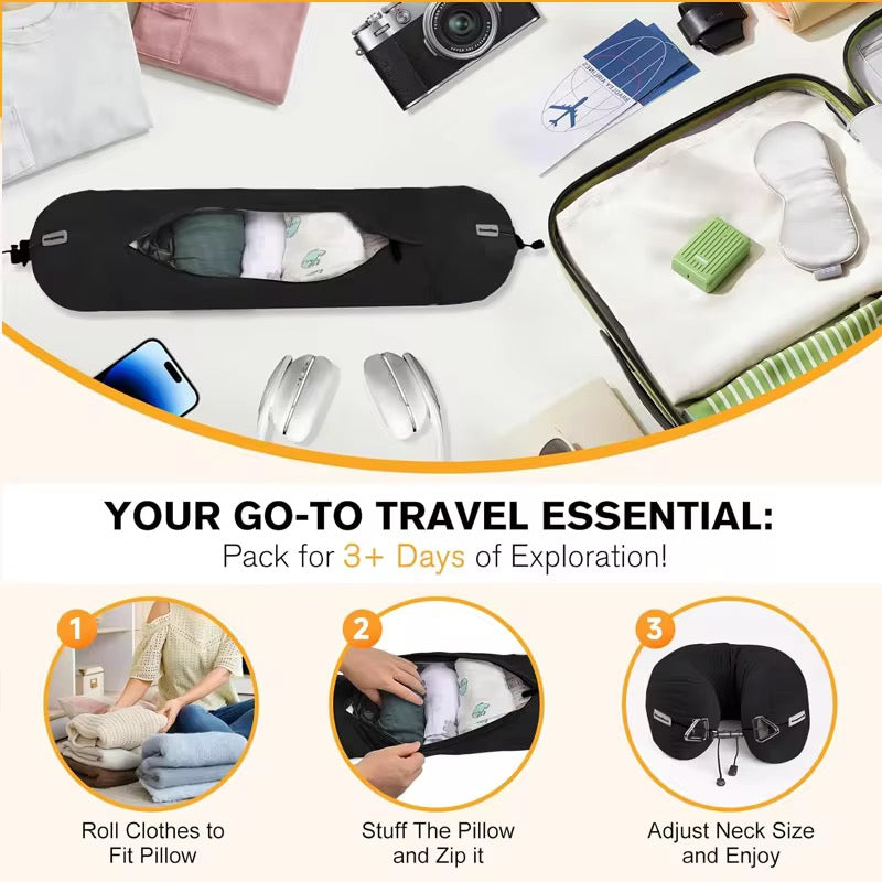 Stuffing clothes into travel pillow at airport – avoid extra baggage fees, smart travel hack