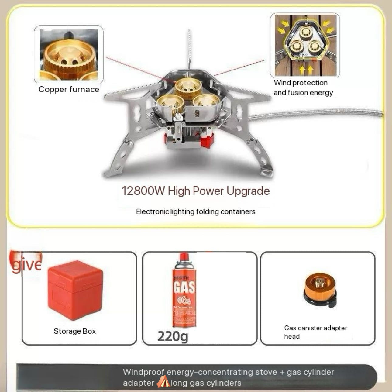 Camping Stove 12800 Watt Super 3 Burner Stove Palm Size Boil Water in 1 Minute  Unified Cooking Pure Copper Head Wind Proof Fierce Pocket Stove Automatic Free Gas + Free Extra Connector + Free Storage Box