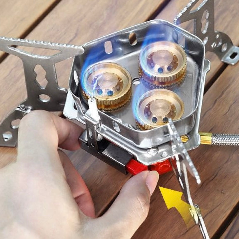 Camping Stove 12800 Watt Super 3 Burner Stove Palm Size Boil Water in 1 Minute  Unified Cooking Pure Copper Head Wind Proof Fierce Pocket Stove Automatic Free Gas + Free Extra Connector + Free Storage Box