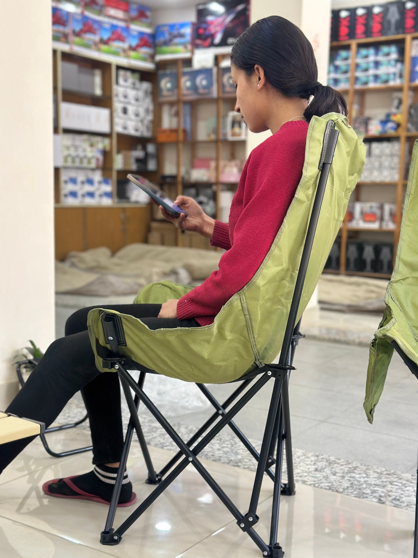 Camping Chair – जता गए पनि आरामले बस्नुहोस् | Folding Moon Chair | High-Back Portable Lounge | 150 kg | Portable with Carry Bag