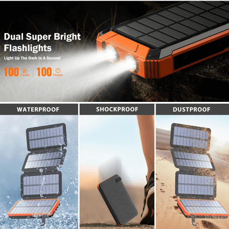 Rugged Solar Panel Power Bank 20000mAh - Waterproof & Shockproof Portable Charger with 4 Solar Panels, Fast Charging for Camping, Hiking, Travel, Trekking Emergencies