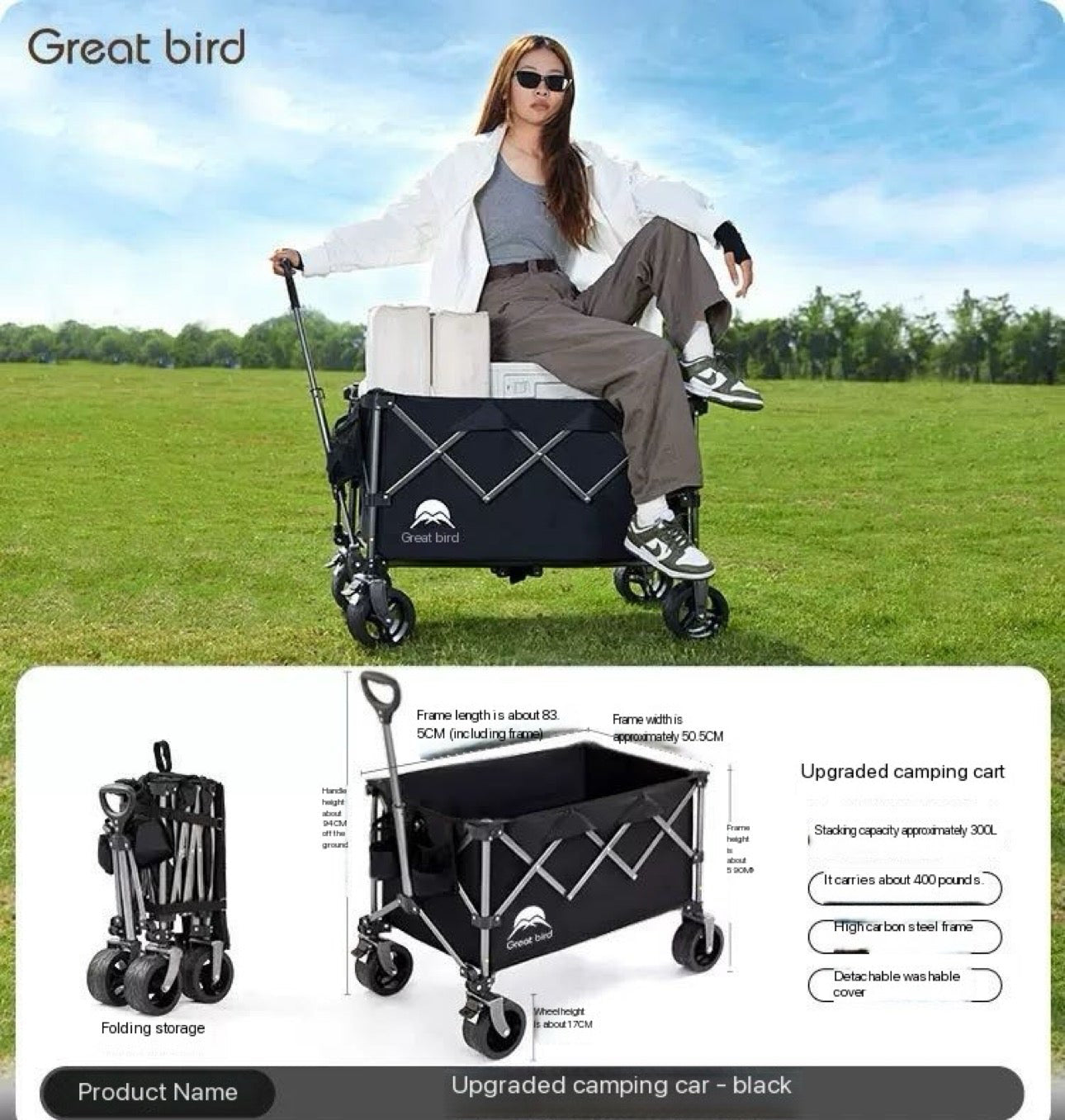 Large Camping Trolley Folding 200 Liter Multipurpose Big Wheels Strong Premium indoor & Outdoor Easily Fit in Trunk Carbon Steel Rust Free Extra Strong Shopping or Outdoor Adventure Camping Picnic or Street