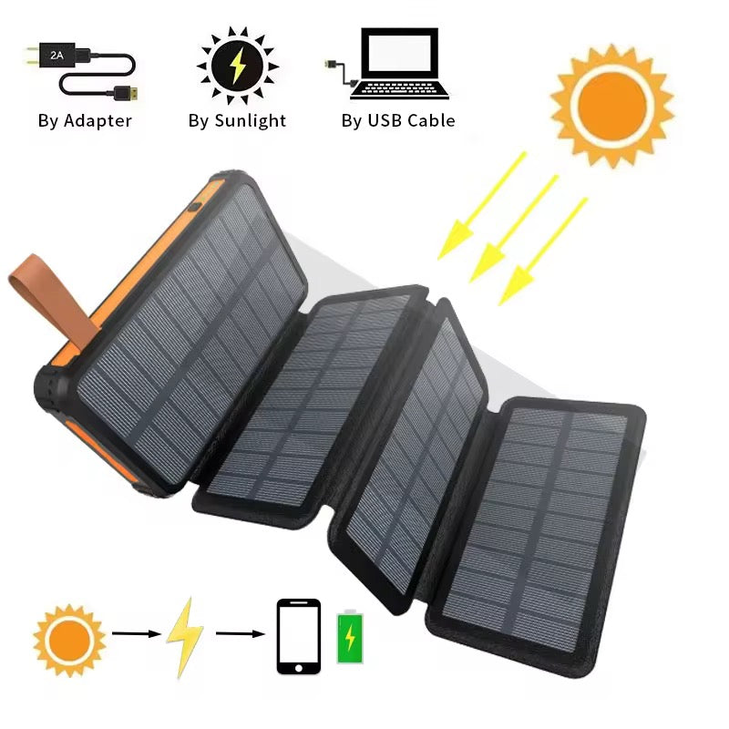 Rugged Solar Panel Power Bank 20000mAh - Waterproof & Shockproof Portable Charger with 4 Solar Panels, Fast Charging for Camping, Hiking, Travel, Trekking Emergencies