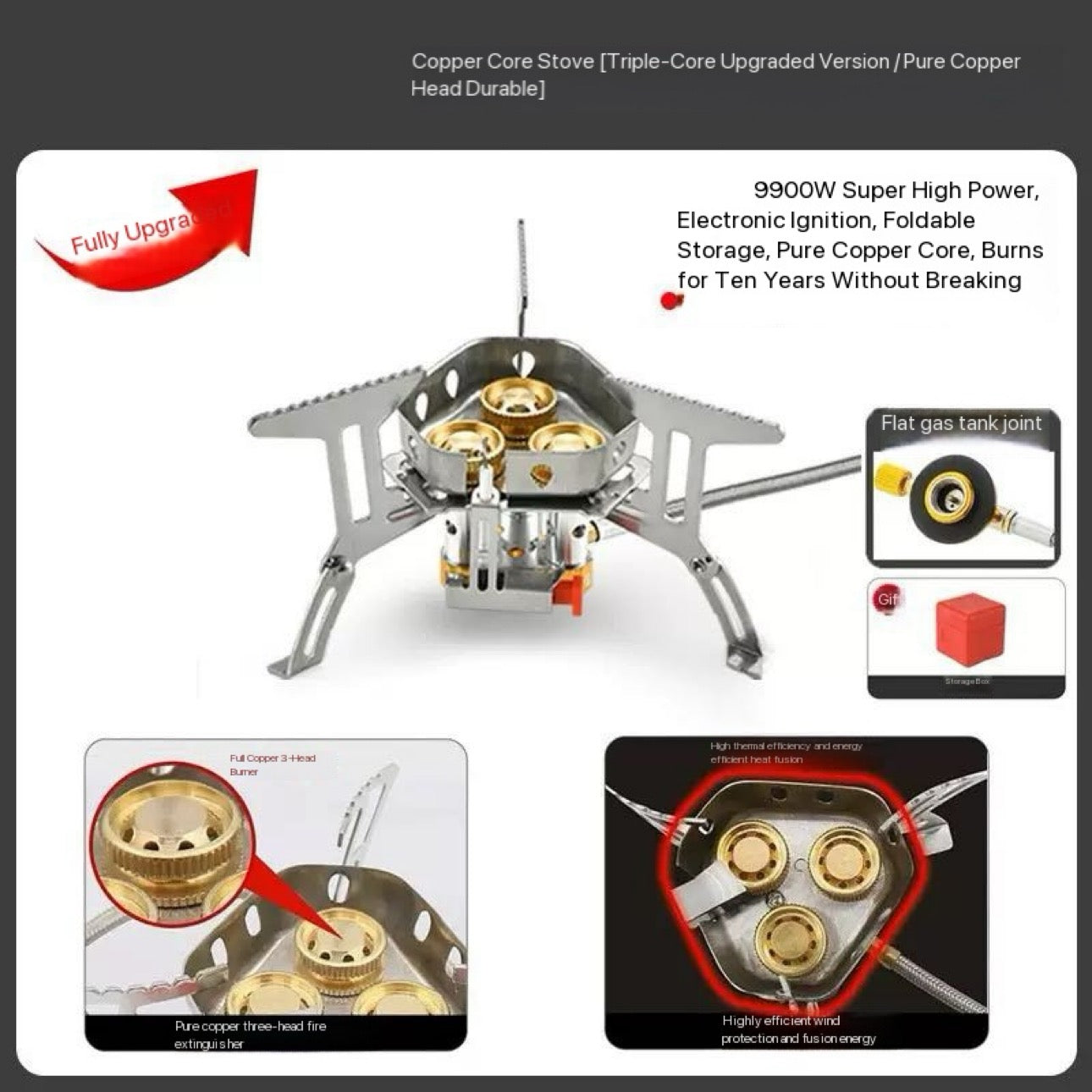 Camping Stove 12800 Watt Super 3 Burner Stove Palm Size Boil Water in 1 Minute  Unified Cooking Pure Copper Head Wind Proof Fierce Pocket Stove Automatic Free Gas + Free Extra Connector + Free Storage Box