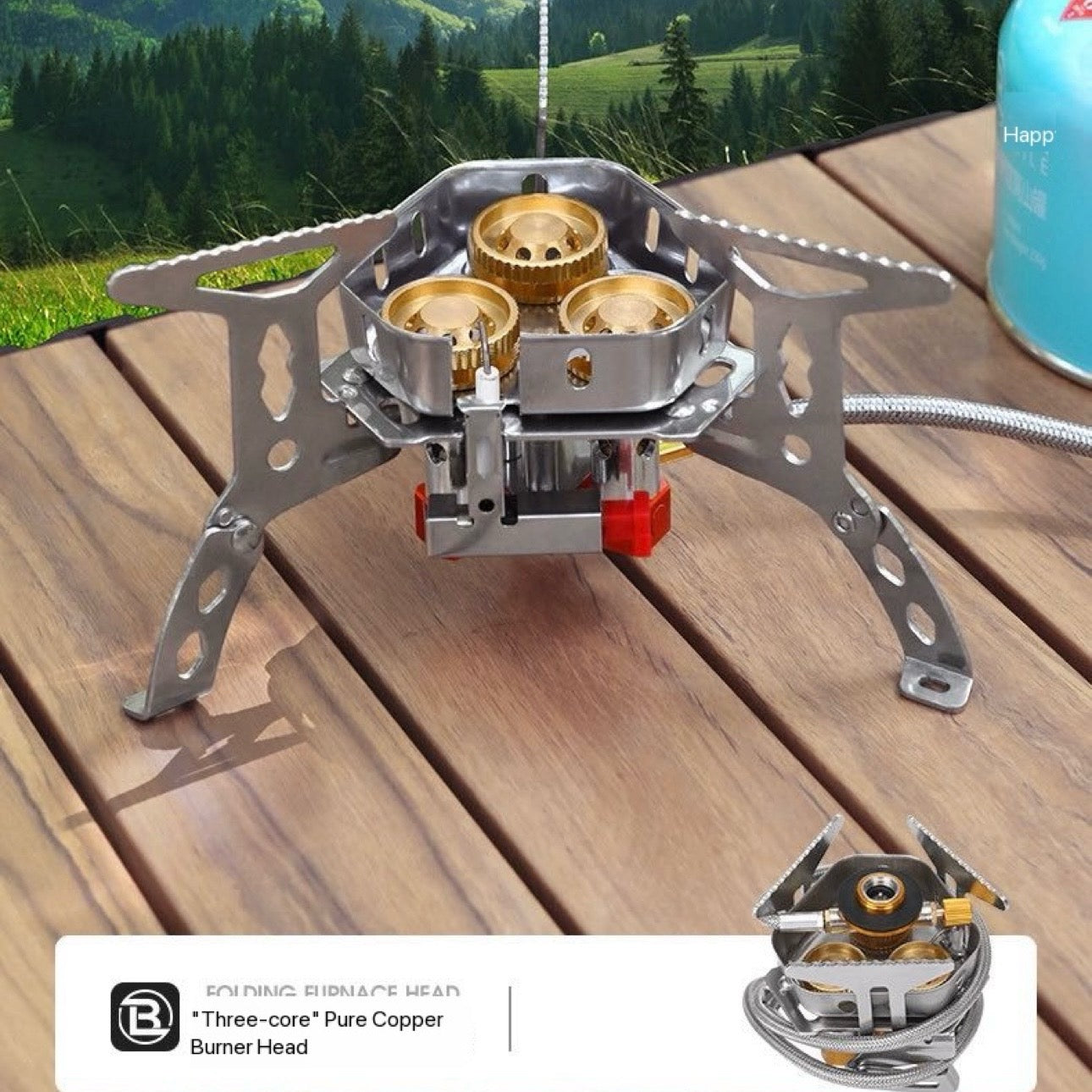 Camping Stove 12800 Watt Super 3 Burner Stove Palm Size Boil Water in 1 Minute  Unified Cooking Pure Copper Head Wind Proof Fierce Pocket Stove Automatic Free Gas + Free Extra Connector + Free Storage Box