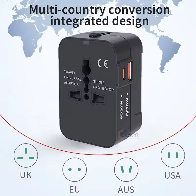 Universal Worldwide Travel Adapter with USB + Type C 180 Countries All-in-One Worldwide Wall Charger with AC Power Plug Adapter For USA EU UK AUS JP Kr Arab Worldwide Premium Multi pug