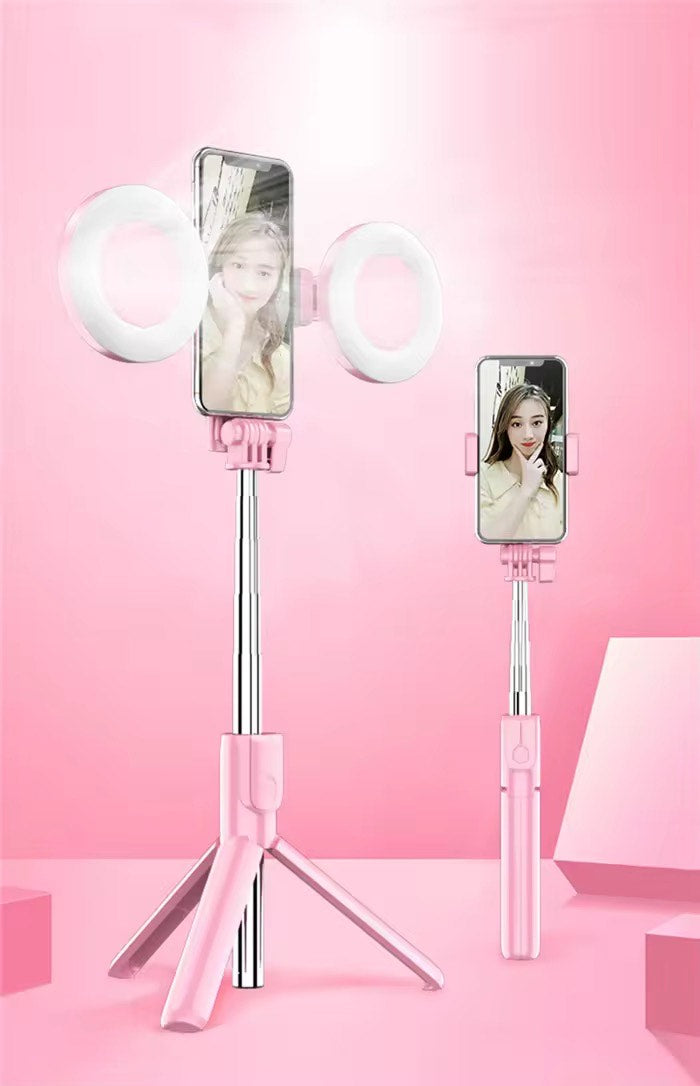 Super Premium 1.7 Meter Tall Tripod with Selfie - Portable Yet Stylish 4 in 1 Wireless Compatible Selfie Stick Double LED Ring Light Extendable Handheld Live Tripod Camera Stand For I phone Android Lightweight space saver indoor Outdoor Travel Must  Have