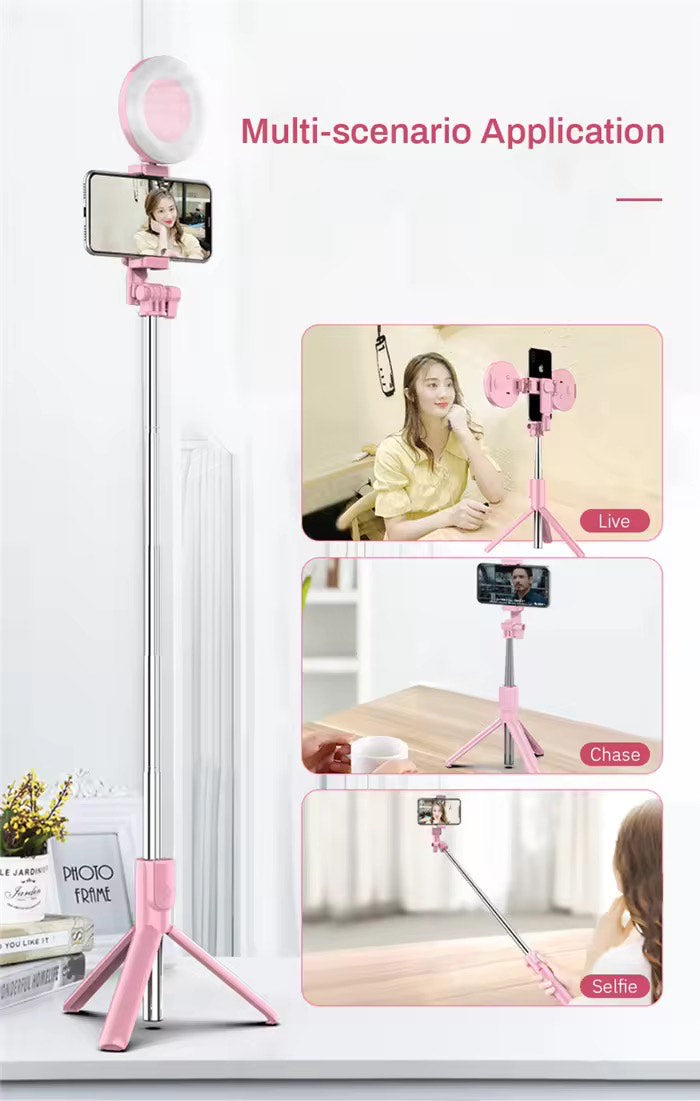 Super Premium 1.7 Meter Tall Tripod with Selfie - Portable Yet Stylish 4 in 1 Wireless Compatible Selfie Stick Double LED Ring Light Extendable Handheld Live Tripod Camera Stand For I phone Android Lightweight space saver indoor Outdoor Travel Must  Have