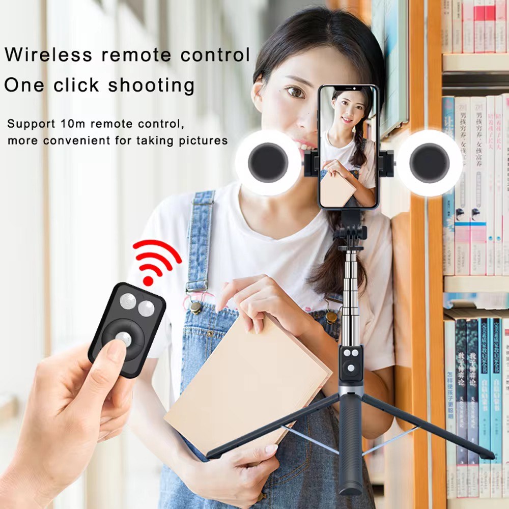 Super Premium 1.7 Meter Tall Tripod with Selfie - Portable Yet Stylish 4 in 1 Wireless Compatible Selfie Stick Double LED Ring Light Extendable Handheld Live Tripod Camera Stand For I phone Android Lightweight space saver indoor Outdoor Travel Must  Have