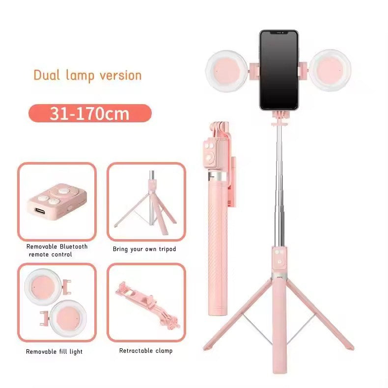 Super Premium 1.7 Meter Tall Tripod with Selfie - Portable Yet Stylish 4 in 1 Wireless Compatible Selfie Stick Double LED Ring Light Extendable Handheld Live Tripod Camera Stand For I phone Android Lightweight space saver indoor Outdoor Travel Must  Have