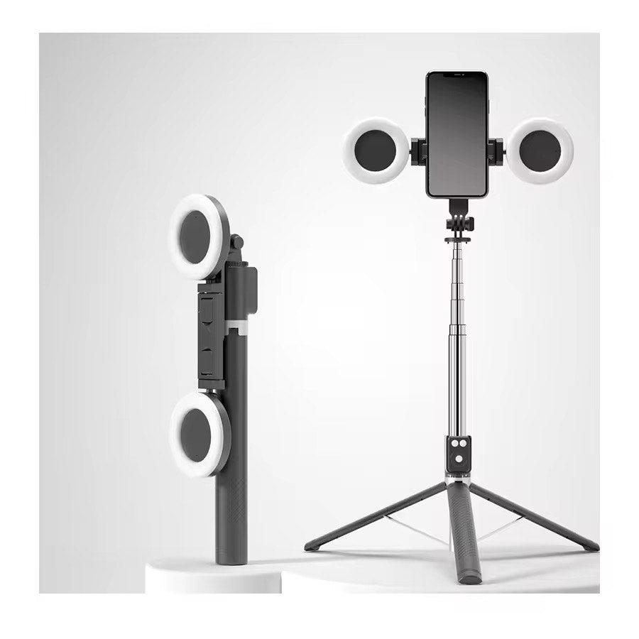 Super Premium 1.7 Meter Tall Tripod with Selfie - Portable Yet Stylish 4 in 1 Wireless Compatible Selfie Stick Double LED Ring Light Extendable Handheld Live Tripod Camera Stand For I phone Android Lightweight space saver indoor Outdoor Travel Must  Have