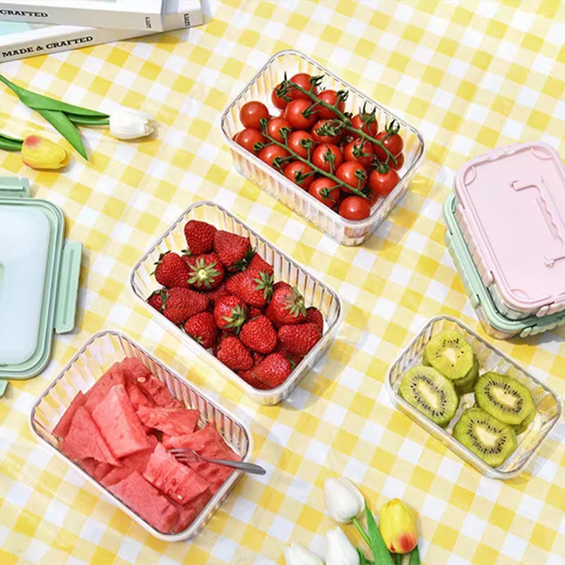 Outdoor Picnics Portable Plastic Transparent Crisper Box Vertical Stripes Fruits Storage Food Lunch Box