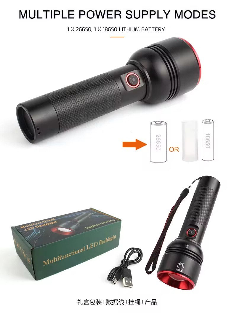 Camping Outdoor 2000m Long Range Bright Light Aluminium Alloy USB Rechargeable Telescopic Zoom White LED Torche Light Tactical Flashlight