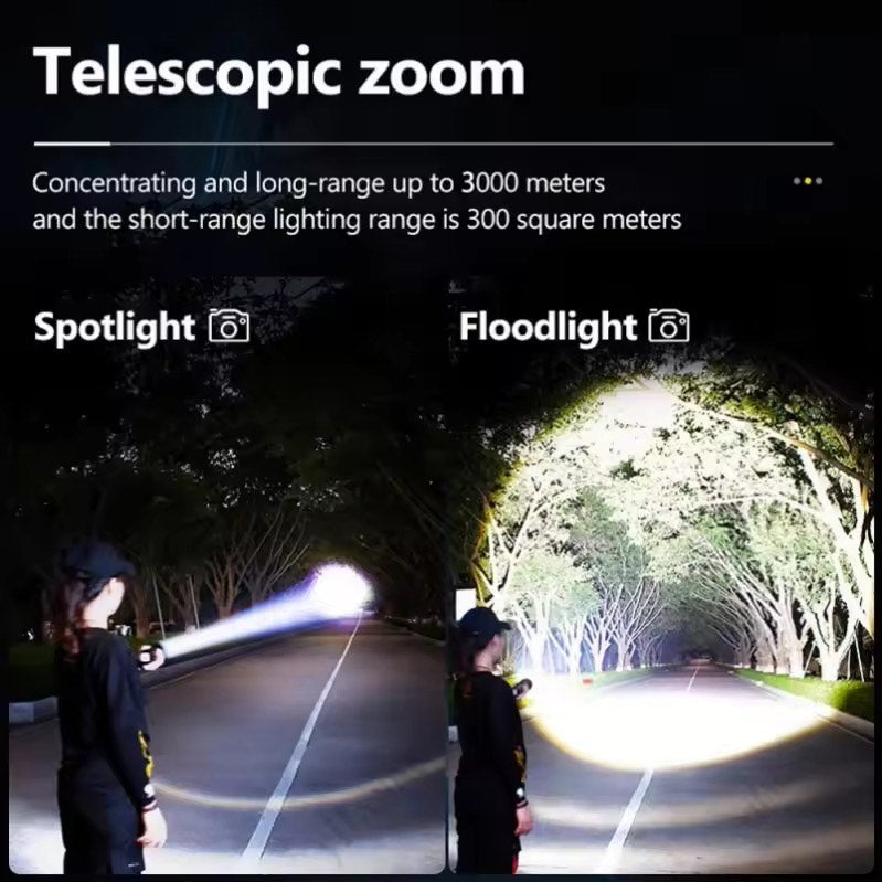 Camping Outdoor 2000m Long Range Bright Light Aluminium Alloy USB Rechargeable Telescopic Zoom White LED Torche Light Tactical Flashlight