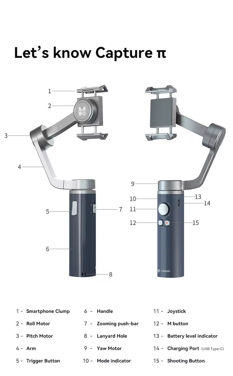 FUNSNAP Capture Foldable 3 Axis Handheld Gimbal Stabilizer Smartphone Capture Selfie Stick; Capture Your Every Camping and Outdoor Moment