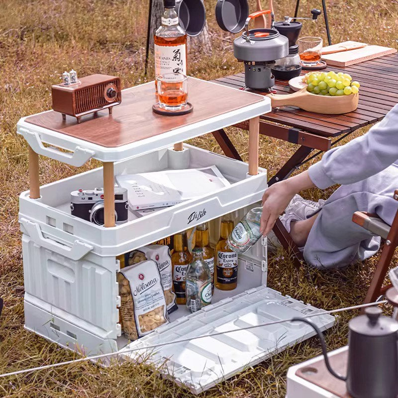 Indoor/Outdoor Durable Folding Storage Box Portable Multifunctional with Wooden Lid For Standard Look Perfect Storage Box For Camping and Picnic Accessories