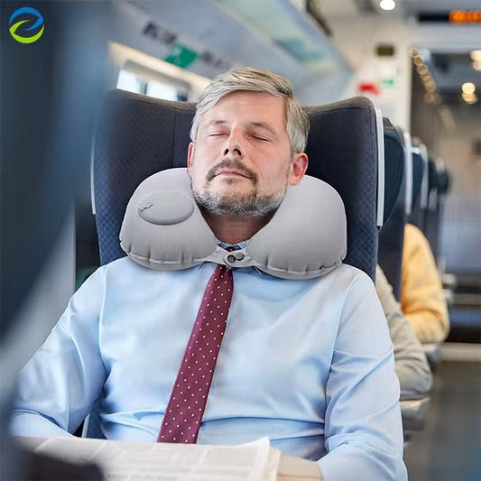 U-Shaped Compact Inflatable Travel Pillow Portable Waterproof Flocked Fabric Air Pillow For Head ,Neck/Lumbar Support