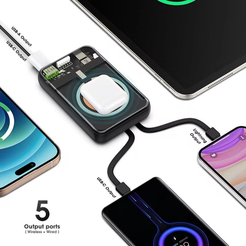 Magnetic Portable Wireless Charger Power Bank 10000mAh 22.5W PD Fast Charging Built-in Cables Led Display Battery Pack