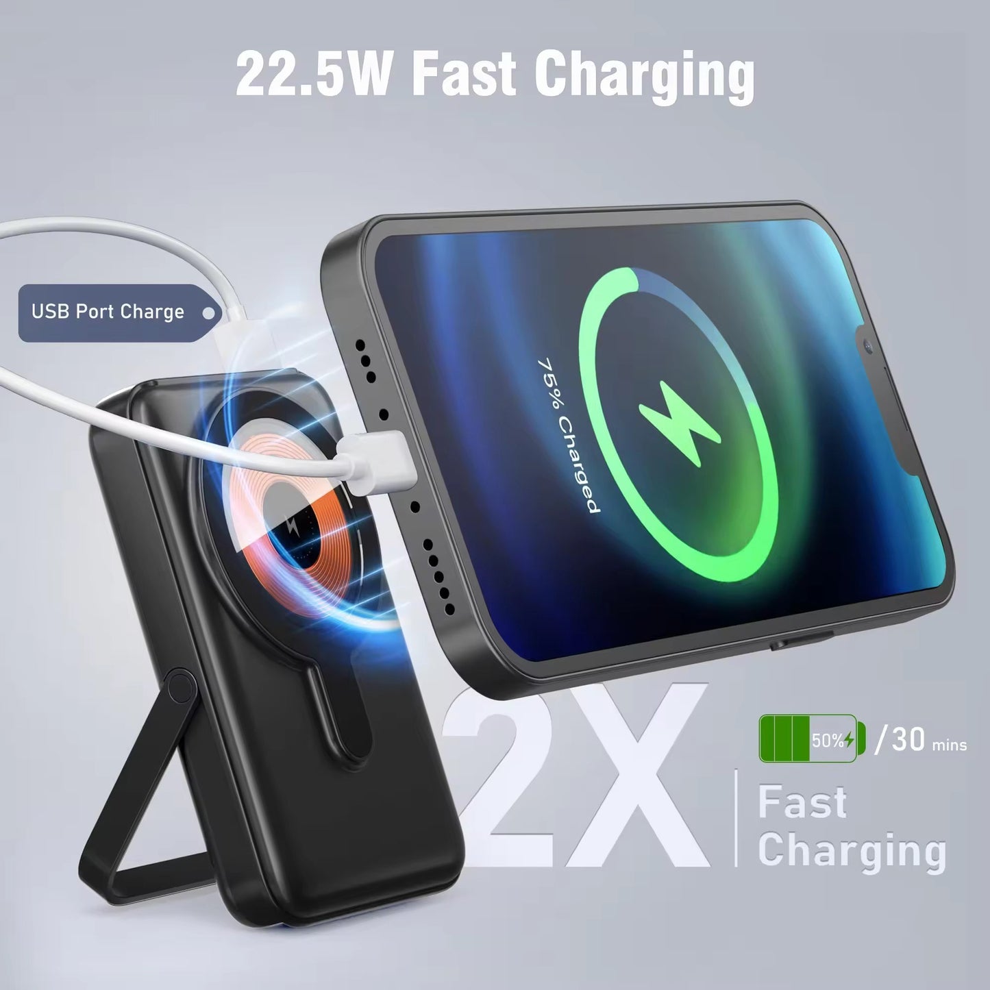 Magnetic Portable Wireless Charger Power Bank 10000mAh 22.5W PD Fast Charging Built-in Cables Led Display Battery Pack