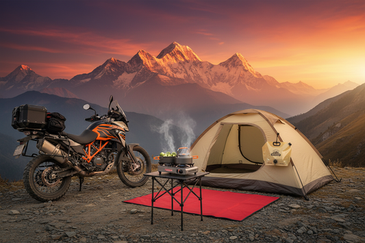 Motorcycle Camping Bundle Nepal — Hero Image | All 6 Products in Himalayan Setting